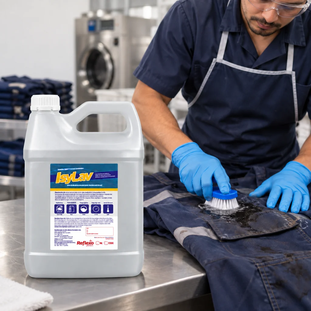 Remove graxas, gorduras, óleos e sujeira impregnada em tecidos — cena ilustrativa de uso