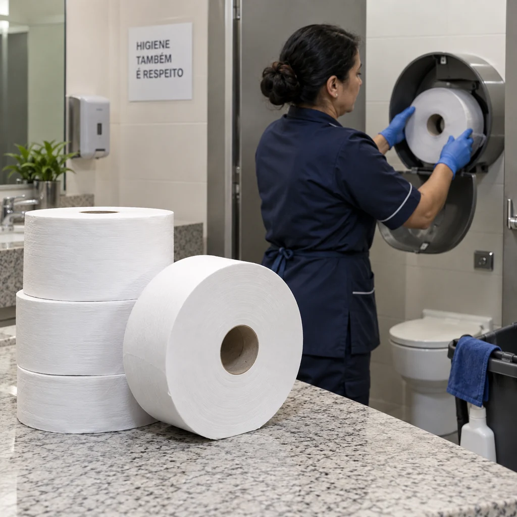 Abastece dispensers de papel rolão — cena ilustrativa de uso